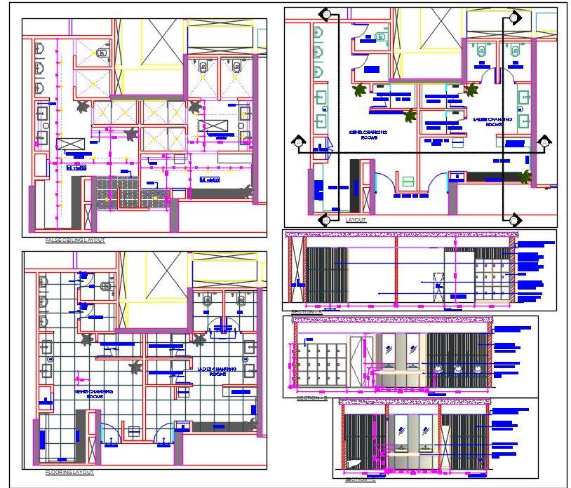 Pool Changing Room CAD Drawing- Layout, Sections, Elevations